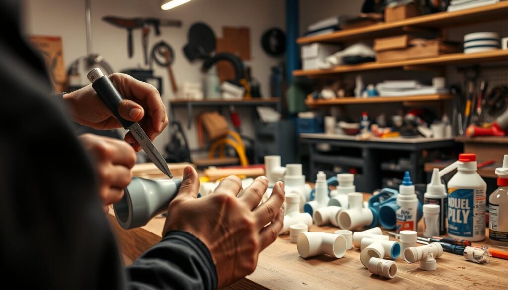 A well-lit workshop scene with a technician carefully working on a PVC pipe project. In the foreground, the hands of the technician are shown, holding a cutting tool and expertly measuring and marking the pipe. The middle ground features an assortment of PVC fittings, glue, and other plumbing supplies neatly organized on a workbench. In the background, the walls are lined with shelves holding various tools and materials. The lighting is warm and focused, creating a sense of concentration and attention to detail. The overall atmosphere conveys a professional, skilled approach to working with PVC pipes.