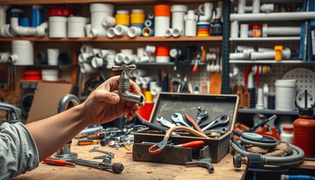 A well-lit workshop setting with a cluttered workbench, featuring a variety of plumbing tools and materials. In the foreground, a pair of skilled hands repairing a leaky faucet, their movements focused and precise. The middle ground showcases a toolbox overflowing with wrenches, pliers, and a copper pipe cutter. In the background, shelves lined with DIY plumbing supplies, including PVC pipes, fittings, and a water shutoff valve. The scene conveys a sense of accomplishment and self-reliance, with a warm, inviting atmosphere that encourages the viewer to tackle their own plumbing challenges.