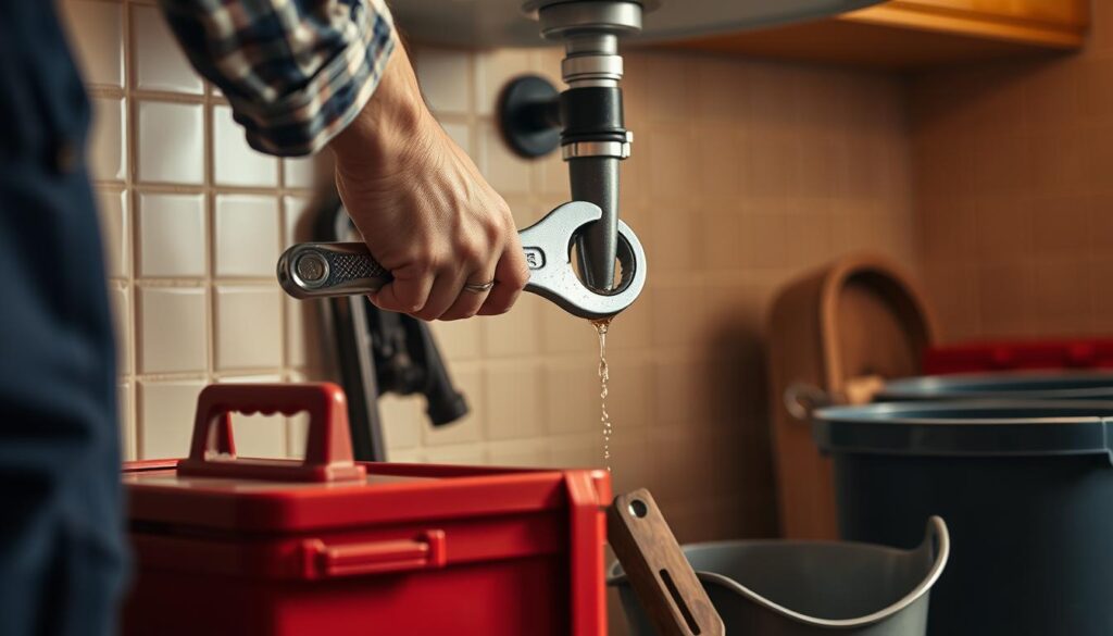 A well-lit workshop setting with a focus on a plumber's hands carefully tightening a wrench around a leaky pipe under the sink. The pipe is partially visible, with water droplets glistening on the surface. The plumber's tools, including a toolbox and a bucket, are neatly arranged in the foreground. The background features a tiled wall and cabinetry, conveying a cozy, domestic atmosphere. The lighting is warm and natural, creating a sense of diligence and problem-solving. The overall mood is one of quiet concentration and a practical, hands-on approach to a common household issue.