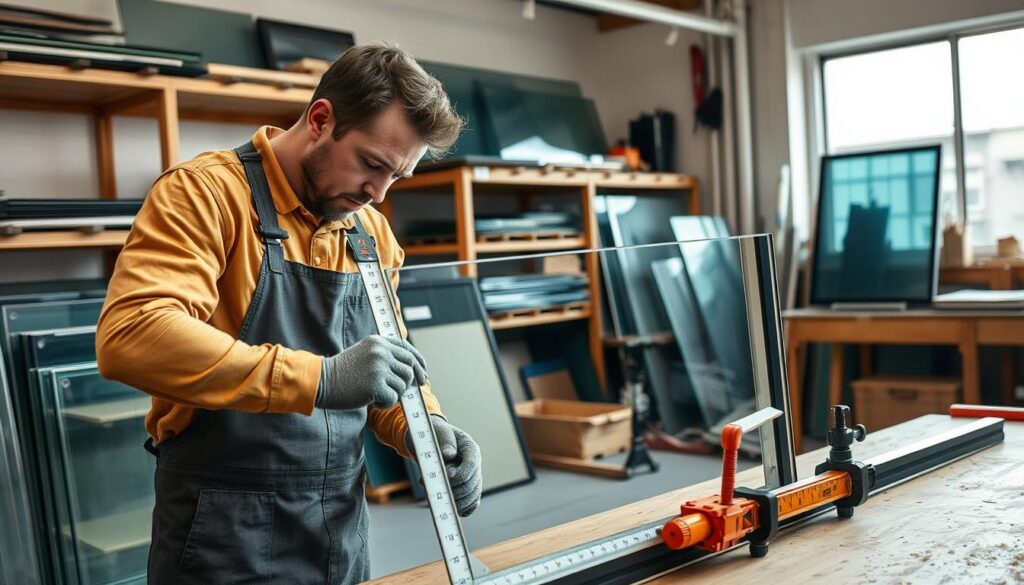 A well-lit workshop with a skilled glazier carefully measuring the dimensions of a glass pane using a steel tape measure and a spirit level. The glazier is wearing a protective apron and gloves, leaning in close to ensure precise measurements. In the background, shelves stocked with various glass sheets, glazing tools, and a workbench with a clamp holding a partially installed frame. The overall scene conveys a sense of professionalism, attention to detail, and a methodical approach to the "Best Practices for Measuring" in glazing system installation.