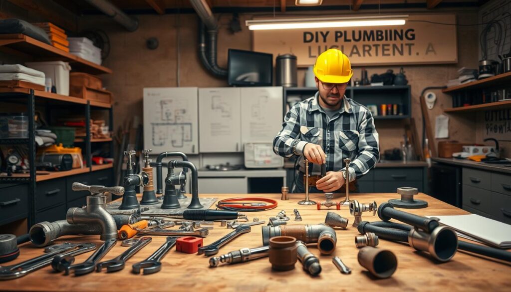 A well-lit workshop with a workbench in the foreground, showcasing various plumbing tools and materials such as wrenches, pipes, fittings, and a soldering iron. In the middle ground, a DIYer in safety gear demonstrates step-by-step plumbing techniques, like cutting and joining pipes, installing a faucet, or repairing a leaky joint. The background features a mix of shelves, cabinets, and plumbing diagrams, creating a professional, educational atmosphere. The lighting is warm and focused, emphasizing the hands-on nature of the work, while the overall composition conveys a sense of expertise and confidence in DIY plumbing.