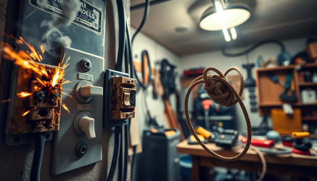 A well-lit workshop with an electrical panel on the wall, showcasing various signs of electrical overload. In the foreground, an overheated outlet with sparks and smoke, a tripped circuit breaker, and a melted switch. In the middle ground, a frayed and discolored electrical cord. In the background, a cluttered workbench with tools and a ceiling light flickering ominously. The scene is captured with a wide-angle lens, emphasizing the sense of concern and the need for immediate action. The overall atmosphere is one of potential danger and the urgency to address electrical issues before they escalate.