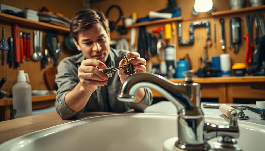 A well-lit workspace with a sink and faucet in the foreground. In the middle ground, a person's hands carefully disassembling the faucet, inspecting the inner workings. The background shows various plumbing tools and supplies neatly arranged on a wooden workbench. The lighting is warm and diffuse, creating a calm, focused atmosphere. The person's expression is one of concentration and problem-solving as they work to diagnose and fix the leaky faucet.