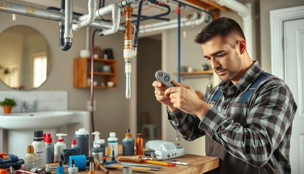 A well-lit workspace with a skilled plumber inspecting and maintaining a complex network of pipes. In the foreground, the plumber's hands deftly manipulate the tools, carefully examining a section of the piping system. The middle ground showcases an array of plumbing supplies, including wrenches, sealants, and replacement parts, neatly organized on a workbench. The background depicts the interior of a residential home, with clean, modern fixtures and a warm, inviting atmosphere. The lighting is soft and natural, highlighting the intricate details of the pipes and the plumber's focused expression. The overall scene conveys a sense of expertise, problem-solving, and the importance of proper pipe maintenance for a functional and efficient home plumbing system.