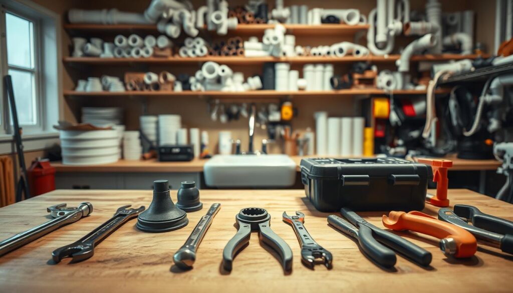 A well-lit workspace with a wooden workbench, various plumbing tools neatly arranged in the foreground, including a wrench, plunger, pipe cutter, and a set of pliers. In the middle ground, a toolbox and a sink with faucets, hinting at the plumbing projects. The background features shelves stocked with PVC pipes, fittings, and other plumbing supplies, conveying a sense of a well-equipped DIY plumbing setup. The scene is captured with a wide-angle lens, creating a sense of depth and organization, and the lighting is warm and inviting, suggesting a productive and satisfying DIY plumbing experience.