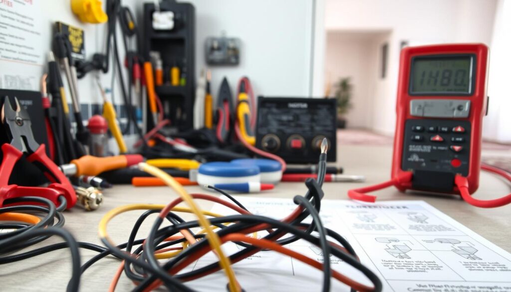 A well-lit workspace with an organized array of electrical tools, wire strippers, screwdrivers, and a multimeter. In the foreground, a tangle of exposed wires with a calm, focused hand carefully repairing a connection. The middle ground showcases a step-by-step guide with clear diagrams demonstrating common wiring fixes, while the background features a clean, minimalist room interior, suggesting a sense of accomplishment and mastery over home electrical issues.