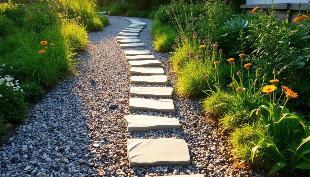 A well-maintained gravel pathway meanders through a lush garden, surrounded by vibrant greenery and occasional wildflowers. The sun casts a warm, golden glow, illuminating the natural textures of the pebbles. Carefully placed stepping stones provide a practical and cost-effective solution for navigating the outdoor space. The overall scene conveys a sense of rustic charm and harmony, perfectly suited for a budget-friendly, yet visually appealing pavement design.