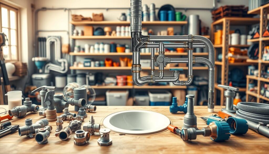 A well-organized DIY plumbing drainage system in a bright, airy workshop. In the foreground, various plumbing fittings, pipes, and tools are neatly arranged on a wooden workbench. The middle ground features a cutaway view of a sink drain, exposing the intricate network of pipes, valves, and fittings that make up the drainage system. In the background, shelves stocked with plumbing supplies create a sense of a professional, well-equipped workspace. The lighting is warm and natural, casting a soft glow over the scene and highlighting the metallic finishes of the plumbing components. The overall atmosphere conveys a sense of order, functionality, and the satisfaction of a job well done.