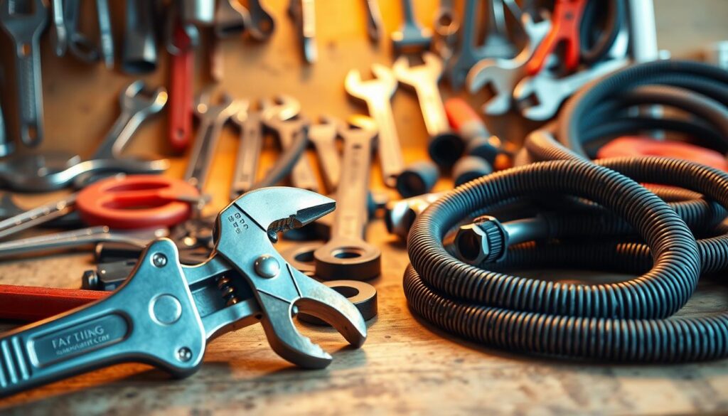 A well-organized array of essential plumbing tools rests on a wooden workbench. In the foreground, a chrome basin wrench, copper pipe cutter, and adjustable basin-style pliers stand out in sharp focus. In the middle ground, a set of plumber's snakes, a pipe threader, and a hex key set are neatly arranged. The background features a collection of wrenches, plungers, and a drain snake coiled on the bench's surface, all bathed in warm, directional lighting that accentuates their metallic surfaces. The overall composition conveys a sense of professional expertise and preparedness for quick plumbing repairs.