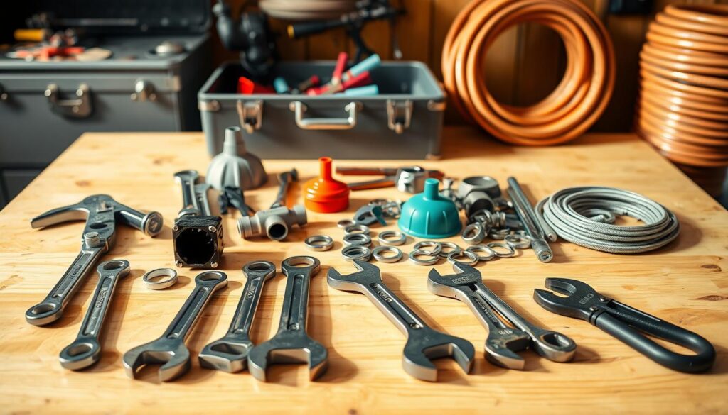 A well-organized assortment of essential DIY plumbing tools arranged on a clean, bright wooden workbench. In the foreground, a set of adjustable wrenches, pipe cutters, and a basin wrench, all neatly laid out. In the middle ground, a plunger, a plumber's snake, and a collection of washers and gaskets. In the background, a toolbox, a bucket, and a coil of copper piping, creating a sense of a functional, professional workspace. Soft, natural lighting casts a warm glow, highlighting the metal textures and the worn, textured wood. The overall atmosphere conveys a sense of practical, hands-on problem-solving.