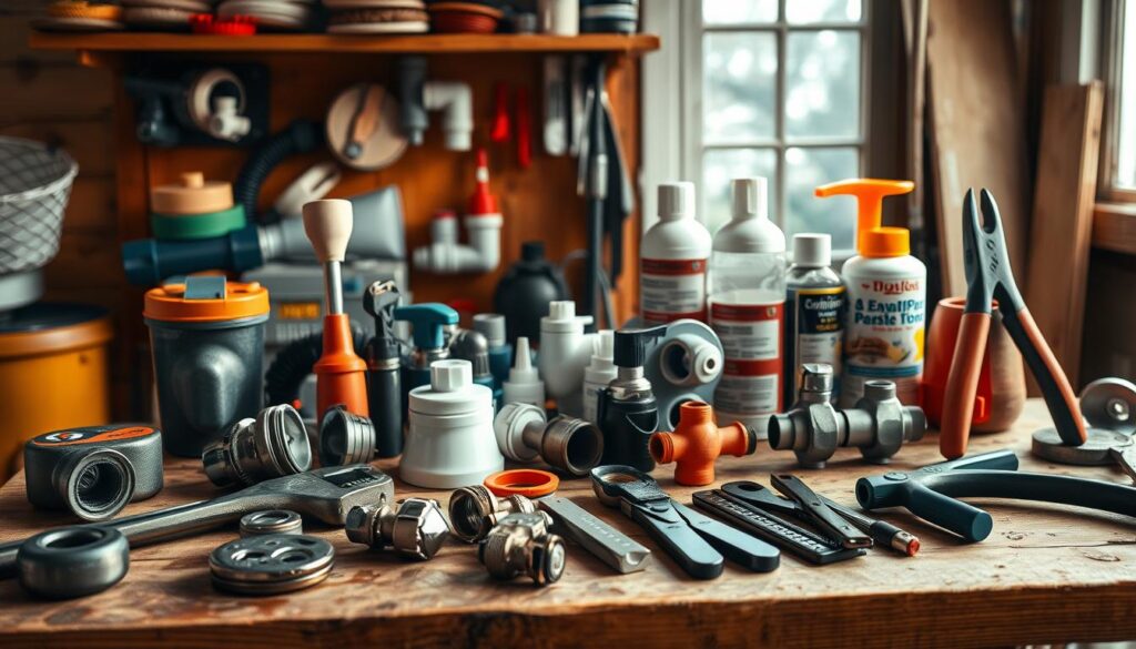 A well-organized collection of essential plumbing tools arranged on a wooden workbench, illuminated by warm, natural light filtering through a window. The foreground features a collection of common household plumbing tools, including a pipe wrench, plunger, basin wrench, and a set of pliers. The middle ground showcases a variety of pipe fittings, valves, and sealants, while the background subtly suggests a cozy, residential setting, hinting at the practical nature of these tools for the homeowner.