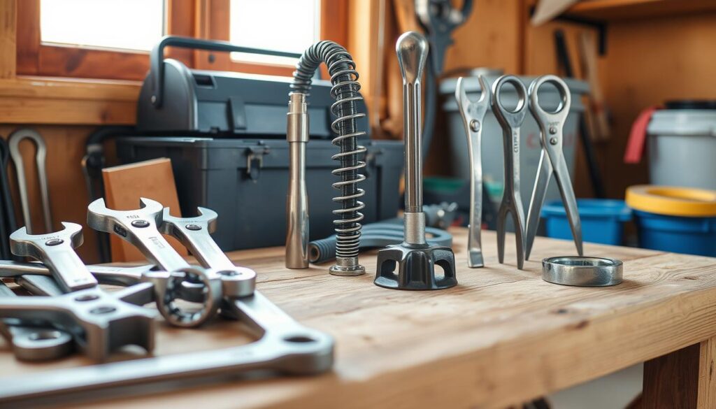 A well-organized collection of plumbing tools on a sturdy wooden workbench, illuminated by warm, natural lighting filtering through a window. In the foreground, a set of adjustable wrenches, pliers, and a basin wrench neatly arranged. In the middle ground, a serpentine drain snake, a pipe cutter, and a basin spanner stand upright, their metal surfaces gleaming. In the background, a toolbox, a bucket, and a roll of duct tape suggest a functional, workshop-like atmosphere, ready to tackle any plumbing issue a homeowner might face.