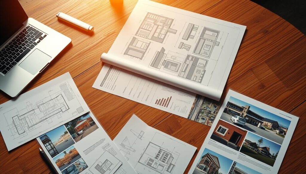 A well-organized construction internship portfolio laid out on a wooden desk, with a laptop, a project blueprint, and various work samples such as architectural sketches, site photos, and 3D renderings. The portfolio is neatly arranged, showcasing the intern's technical skills, attention to detail, and breadth of experience in different construction projects. Warm, natural lighting illuminates the scene, creating a professional and polished atmosphere. The overall composition conveys the intern's passion for the industry and their readiness to contribute to a construction company's success.