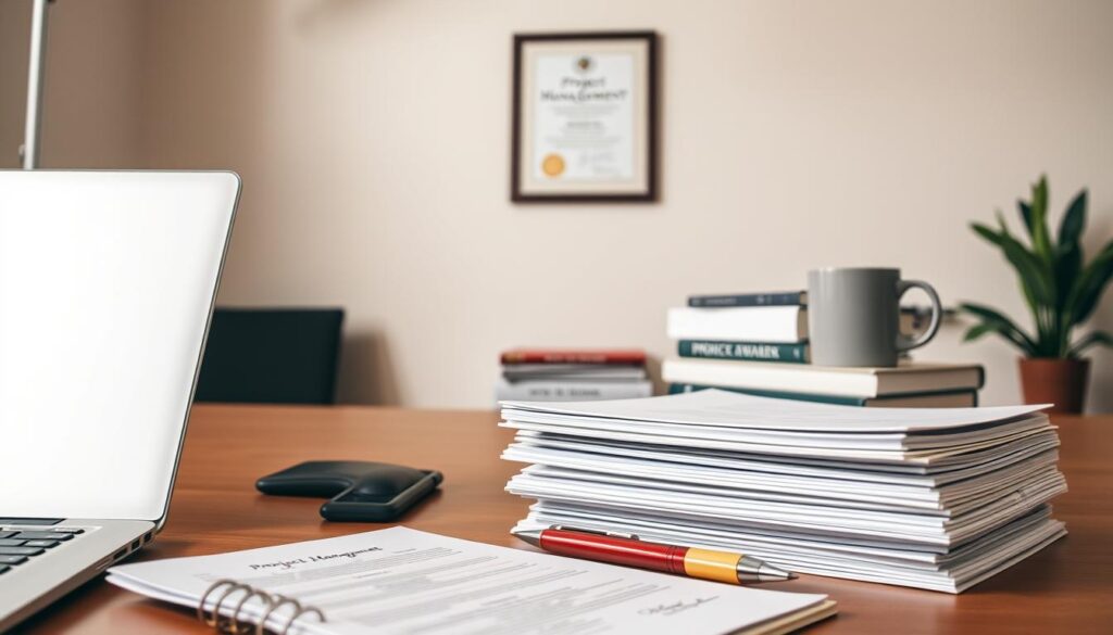 A well-organized office desk with a laptop, notepad, and pen. In the foreground, neatly stacked diplomas, certifications, and professional accreditations. In the middle ground, a stack of project management books and a mug of coffee. The background is a clean, minimalist wall with a framed certificate or award. The lighting is soft and warm, creating a professional and scholarly atmosphere. The camera angle is slightly elevated, giving a birds-eye view of the desk setup.