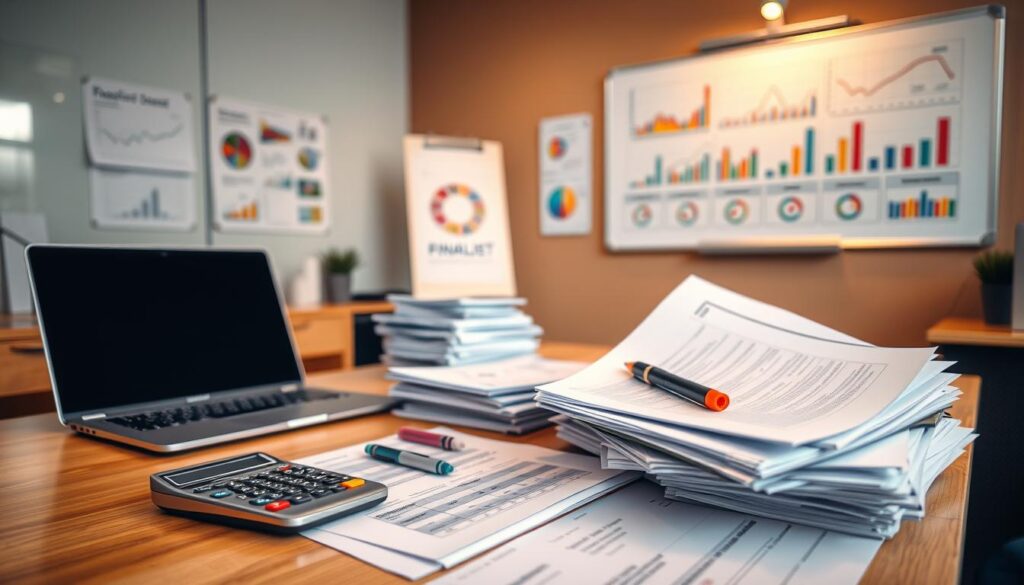 A well-organized office with a desk, laptop, and stacks of financial documents. A calculator, pen, and highlighters are neatly arranged, conveying a sense of methodical budgeting. The lighting is warm and focused, creating a professional atmosphere. In the background, a wall-mounted whiteboard displays colorful charts and graphs, visualizing financial data. The overall scene emanates a calm, analytical vibe, reflecting the importance of sound financial management for project success.