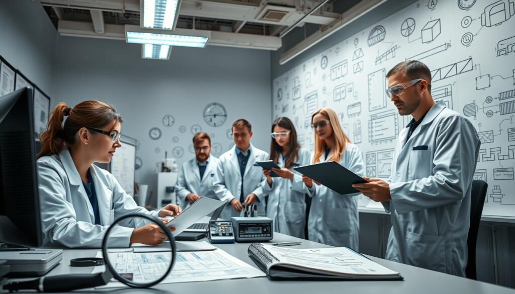A well-organized office workspace with a desk, computer, and various quality assurance tools. A team of professionals in lab coats and safety goggles diligently reviewing product samples and documentation under bright, overhead lighting. The foreground features a magnifying glass, clipboard, and technical diagrams, while the middle ground showcases test equipment and quality control processes. The background depicts various industry-specific symbols and diagrams, creating a sense of structured, systematic quality assurance. The overall atmosphere is one of precision, attention to detail, and a commitment to ensuring the highest standards of product quality.