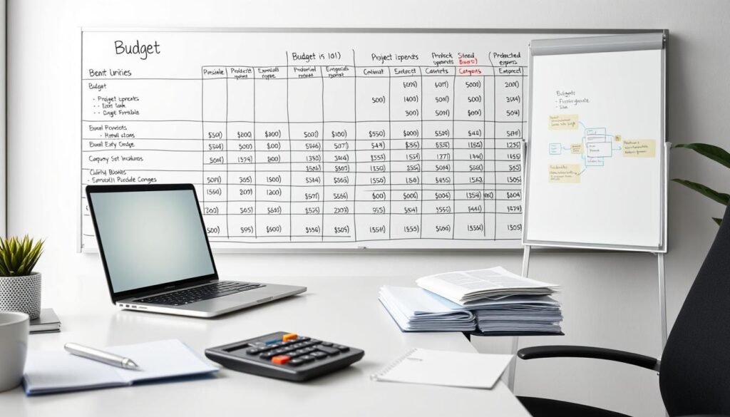 A well-organized office workspace with a sleek, minimalist desk showcasing a laptop, a calculator, and neatly arranged financial documents. The lighting is soft and diffused, creating a professional and focused atmosphere. In the background, a large whiteboard displays a detailed budget plan with various budget categories, projected expenses, and color-coded annotations. The overall composition conveys a sense of efficient budget management and financial oversight.
