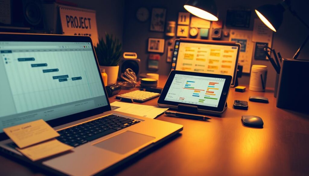 A well-organized workspace featuring an array of project management tools and software. In the foreground, a sleek laptop displays a Gantt chart, with sticky notes and a physical calendar adjacent. In the middle ground, a tablet showcases a kanban board, surrounded by various productivity apps and icons. The background is illuminated by warm, directional lighting, creating a focused and professional atmosphere. Subtle shadows and reflections add depth and texture to the scene, highlighting the digital and physical elements seamlessly integrated for effective project oversight.