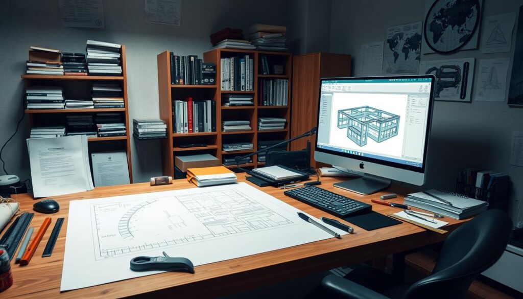 A well-organized workspace filled with engineering resources: a sturdy drafting table with a blueprint, a collection of engineering tools and instruments (rulers, protractors, calipers) neatly arranged, a bookshelf stocked with technical reference books, and a computer monitor displaying 3D modeling software. Soft, directional lighting illuminates the scene, creating a focused, professional atmosphere. The camera angle is slightly elevated, providing a comprehensive view of the workspace and conveying a sense of productivity and diligence. The overall tone is one of discipline, expertise, and the pursuit of structural engineering knowledge.