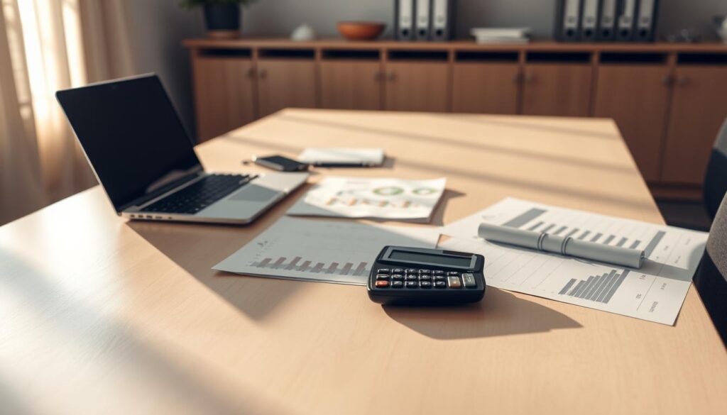 A well-organized workspace with a large desk, a laptop, financial documents, and a calculator. The desk is illuminated by warm, directional lighting, casting soft shadows and creating a focused, professional atmosphere. The background is blurred, emphasizing the budgeting materials in the foreground. Geometric patterns and neutral tones create a clean, minimalist aesthetic, reflecting the precision and attention to detail required for effective project management budgeting.