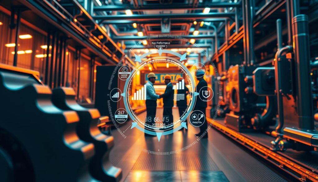 A wide-angle view of a lifecycle management strategy, capturing the various stages in a dynamic, circular motion. In the foreground, a gearwheel mechanism symbolizes the cyclical nature of maintenance and optimization. The middle ground features a team of engineers collaborating, surrounded by a holographic display showcasing key performance indicators and data analytics. In the background, a futuristic factory setting with sleek, metallic machinery and glowing infrastructure conveys the technological advancements powering this comprehensive strategy. Warm, directional lighting casts shadows that emphasize the interconnectedness of the components, creating a sense of depth and complexity. The overall atmosphere reflects a well-coordinated, data-driven approach to long-term cost savings through effective maintenance.