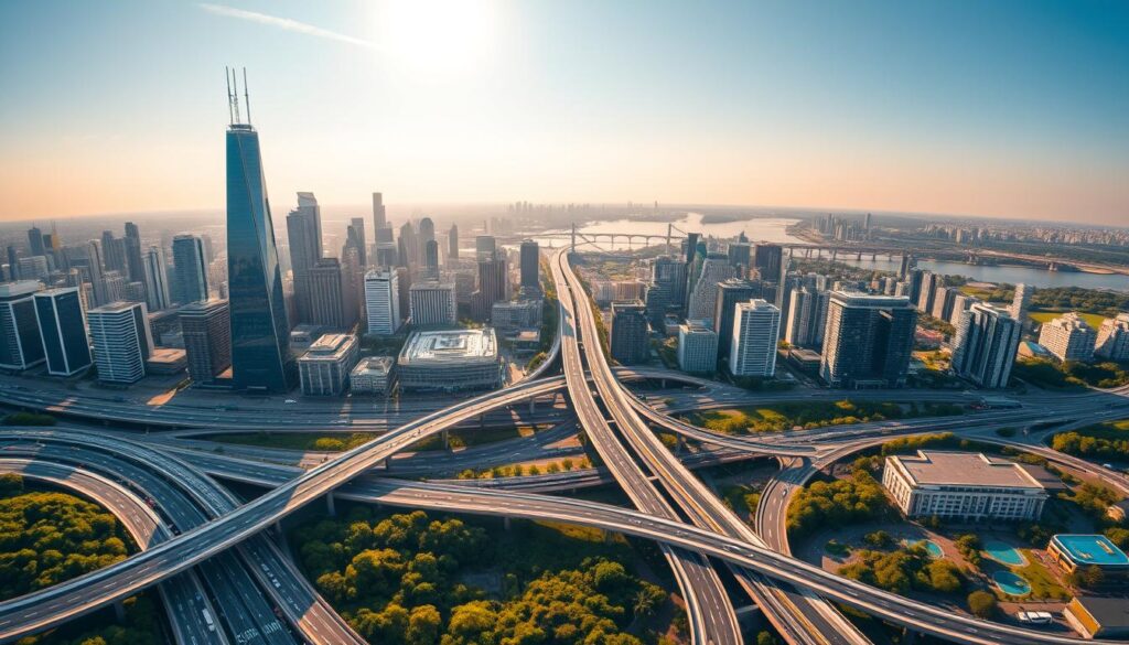 A wide panoramic view of a thriving city skyline, with towering skyscrapers, bridges, and bustling infrastructure. In the foreground, a network of roads, railways, and public transit systems weave together, showcasing the seamless integration of civil engineering projects. In the middle ground, modern residential and commercial complexes stand tall, their sleek designs complementing the urban landscape. The background is filled with lush greenery, parks, and natural water bodies, demonstrating the harmony between the built environment and the natural world. The scene is illuminated by warm, golden sunlight, casting long shadows and adding depth and dimension to the image.