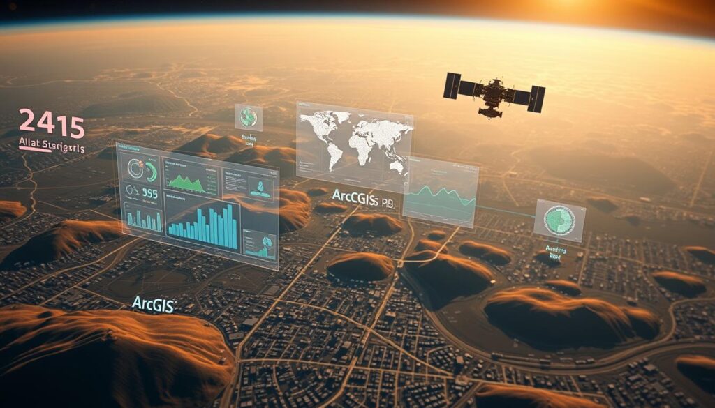 A wide, sweeping landscape showcasing the power of ArcGIS geospatial analysis. In the foreground, a detailed 3D map of a city, its streets and buildings meticulously rendered. In the middle ground, data visualizations and analytics dashboards float holographically, highlighting trends and insights. The background depicts a satellite orbiting the Earth, beaming down layers of geographic, demographic, and environmental data. Soft, warm lighting bathes the scene, creating a sense of depth and sophistication. The overall atmosphere conveys the seamless integration of cutting-edge technology and real-world geospatial intelligence.