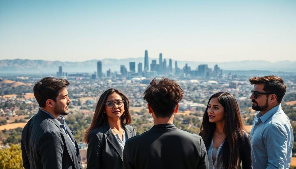 A wide, sweeping panorama of the Silicon Valley skyline, with towering skyscrapers and sleek, modern office buildings set against a backdrop of rolling hills and a cloudless blue sky. In the foreground, a group of young, diverse software engineers discussing their career paths and salary expectations, their expressions ranging from contemplative to ambitious. The lighting is crisp and directional, casting sharp shadows and highlighting the details of their professional attire. The composition emphasizes the contrast between the grandeur of the landscape and the individual stories unfolding within it, a visual representation of the complex relationship between education, skill, and financial success in the tech industry.