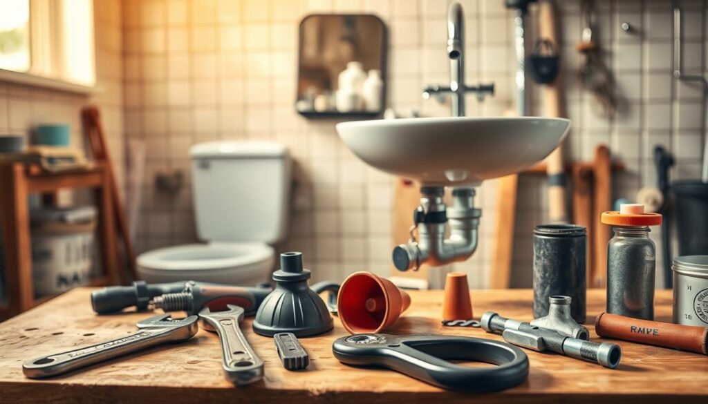 A workshop setting with a well-lit, tiled bathroom in the background. In the foreground, an array of plumbing tools, including a wrench, plunger, and pipe cutter, are neatly arranged on a wooden workbench. The middle ground features a partially disassembled sink, exposing the inner workings of the plumbing system. The lighting is warm and natural, casting soft shadows and highlighting the textures of the materials. The overall composition conveys a sense of DIY expertise, problem-solving, and the steps involved in identifying and repairing common plumbing issues.