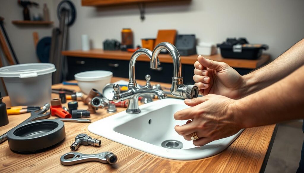 A workshop table with a variety of plumbing tools and materials, including a new faucet, pipe fittings, wrenches, and a plumber's basin. In the foreground, a pair of skilled hands demonstrating the step-by-step process of installing the new faucet, with a focus on the intricate connections and careful adjustments. The background features a clean, well-lit space with neutral-toned walls, suggesting a modern, well-organized home environment. The overall scene conveys a sense of expertise, attention to detail, and the satisfaction of a successful DIY plumbing project.