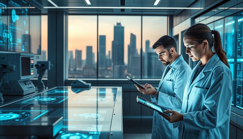 Advanced STEM Projects - a sleek, futuristic laboratory with cutting-edge technology. Gleaming metal workstations and holographic displays fill the foreground, casting a cool, blue-tinted glow. In the middle ground, scientists in white coats intently examine data on their tablets, their faces illuminated by the soft lighting. The background features a towering, glass-walled exterior overlooking a cityscape of skyscrapers, hinting at the scope and scale of these advanced research initiatives. The overall mood is one of innovation, precision, and boundless potential, capturing the essence of ambitious STEM projects at the forefront of scientific discovery.