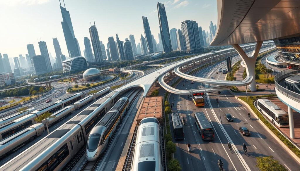 Aerial view of a bustling transportation hub, showcasing the evolution of multimodal transport solutions. In the foreground, sleek high-speed trains seamlessly integrate with electric buses and autonomous cars, all converging at a central station. The middle ground features a vibrant mix of pedestrian walkways, bike lanes, and intermodal connections, promoting sustainable mobility. In the background, towering skyscrapers and urban greenery create a futuristic cityscape, illuminated by the warm glow of natural lighting. The scene conveys a sense of efficiency, connectivity, and environmental consciousness, reflecting the progress of modern transportation planning.