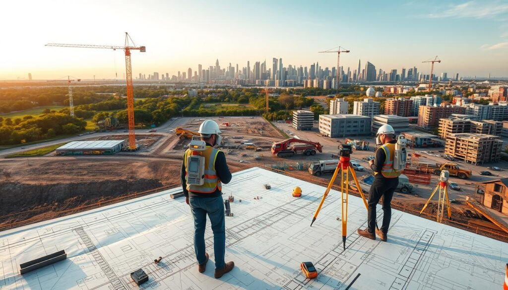 Aerial view of a bustling urban construction site, with surveying crews meticulously mapping the terrain. In the foreground, engineers wielding high-precision surveying instruments carefully measure elevations and plot coordinates. In the middle ground, construction workers operate heavy machinery, shaping the landscape for new developments. In the background, the skyline of a vibrant city emerges, a testament to the importance of accurate surveying in urban planning. The scene is bathed in warm, golden-hour lighting, creating a sense of professionalism and progress. The overall composition conveys the essential role of surveying techniques in the dynamic process of urban development.