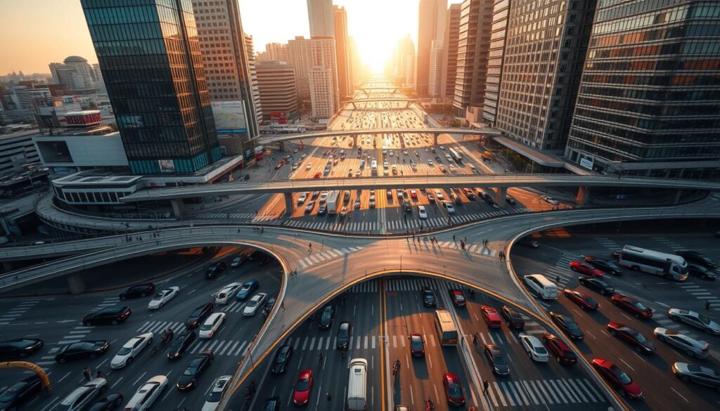 Aerial view of a bustling urban intersection, with a network of roads and highways converging. Modern skyscrapers and office buildings frame the scene, casting long shadows across the busy streets below. Vehicles of all sizes - cars, buses, trucks, and motorcycles - navigate the intricate flow of traffic, their headlights and taillights creating a mesmerizing dance of light. Pedestrians navigate crosswalks, weaving between the steady stream of cars. The scene is bathed in a warm, golden hour glow, creating a sense of energy and vitality. Captured through a wide-angle lens, the image conveys the complexity and dynamism of urban traffic planning, hinting at the challenges and opportunities for optimizing commuter flow.