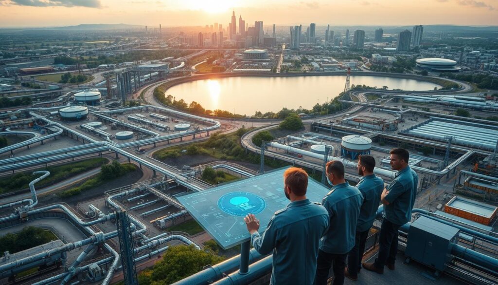 Aerial view of a bustling urban water infrastructure system, with pipelines, treatment plants, and monitoring stations sprawling across the landscape. In the foreground, a team of engineers and technicians collaborate over a holographic display, analyzing real-time data and coordinating maintenance efforts. The middle ground features a network of sensors and telemetry equipment, capturing vital information about the system's performance. In the background, the city skyline is reflected in the surface of a nearby reservoir, bathed in the warm glow of the setting sun, symbolizing the harmonious integration of technology and the natural environment.
