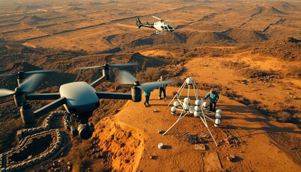 Aerial view of a disaster-stricken landscape, with a team of environmental scientists and engineers deploying advanced monitoring equipment. In the foreground, a drone hovers, its high-resolution cameras scanning the terrain for signs of environmental damage. In the middle ground, a group of technicians carefully install a network of sensor nodes, designed to track air quality, water purity, and soil contamination levels. In the background, a helicopter circles overhead, providing real-time data and imagery to the command center. The scene is bathed in warm, golden light, conveying a sense of urgency and purpose as the team works tirelessly to assess the situation and guide the response efforts.