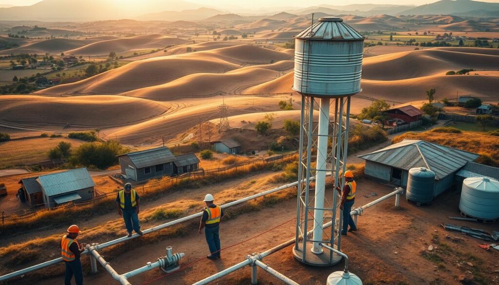 Aerial view of a rural village, with a community water tower and distribution system in the foreground. Maintenance crews in hardhats and safety gear inspecting pipes, valves, and tanks, ensuring clean water access for the local residents. Rolling hills and farmland in the background, under a warm, golden sunset lighting. The scene conveys a sense of diligent upkeep and community self-reliance in the face of the region's remote, agrarian landscape.