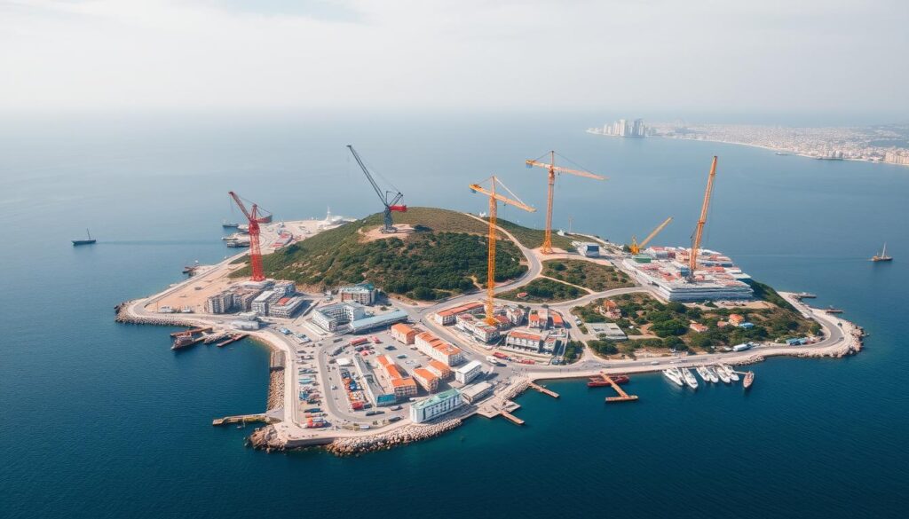 Aerial view of ongoing infrastructure projects in Gibraltar showing construction sites and development areas