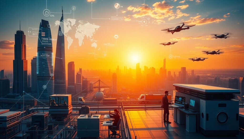 An advanced technological cityscape with towering skyscrapers and gleaming infrastructure, bathed in a warm, golden glow from the setting sun. In the foreground, a network of interconnected devices and sensors representing the integration of IoT technologies into the built environment. Futuristic holograms and data visualizations hover above, showcasing the flow of information and analytics powering smart city systems. In the middle ground, engineers and technicians collaborate at sleek, minimalist workstations, surrounded by holographic displays and control panels. The background depicts a panoramic view of the city, with autonomous vehicles and drones weaving through the skyline, exemplifying the seamless integration of IoT into transportation and logistics. An atmosphere of innovation, efficiency, and progress permeates the scene.