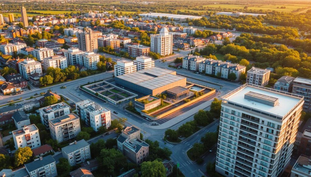 An aerial cityscape bathed in warm afternoon light, with a focus on a decentralized water treatment facility nestled among modern buildings. The facility's modular design and green infrastructure stand out, illustrating its economic benefits through efficient water management and reduced infrastructure costs. In the foreground, a mix of residential and commercial properties, while the background features lush greenery and a clear sky, conveying a sense of environmental harmony. The image should evoke a vision of a sustainable, cost-effective water system integrated seamlessly into the urban landscape.