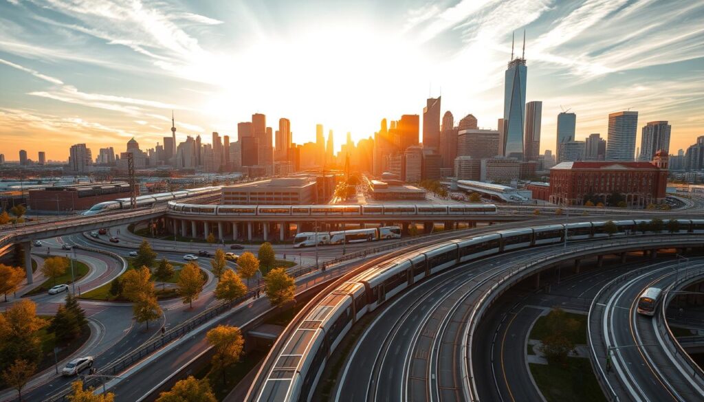 An aerial view of a bustling urban center, with a focus on the transportation infrastructure. In the foreground, a network of well-designed bike lanes and pedestrian walkways weave through the cityscape, promoting sustainable mobility. In the middle ground, a mix of modern public transportation options, including sleek light rail trains, electric buses, and efficient ride-sharing services, converge at a centralized transit hub. The background is dominated by a skyline of towering skyscrapers and landmarks, illuminated by warm, golden sunlight filtering through wispy clouds. The scene conveys a sense of forward-thinking urban planning, where policy and regulation have prioritized integrating various modes of transportation to create a seamless, eco-friendly, and accessible mobility network.