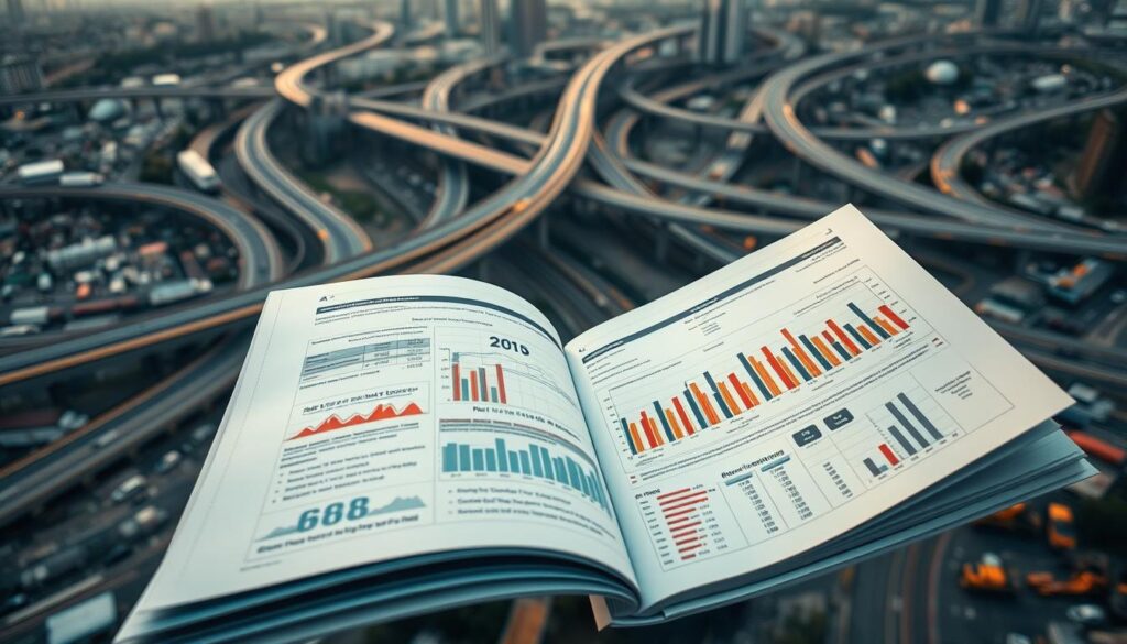 An aerial view of a complex transportation network, with highways, railways, and bridges interlacing across a bustling cityscape. In the foreground, a detailed visualization of a financial report, its pages open to reveal intricate graphs and charts analyzing the costs, risks, and returns of various infrastructure projects. The middle ground features construction crews and heavy machinery, working diligently to build and maintain this vital transportation system. The background is bathed in a warm, golden light, evoking a sense of prosperity and progress. The overall scene conveys the careful balance of financial planning, risk management, and physical infrastructure required to support a thriving transportation network.