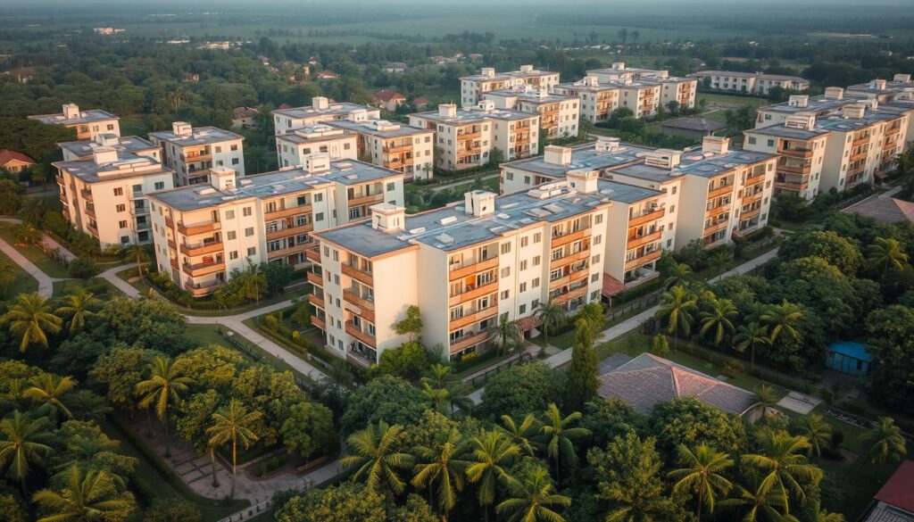 An aerial view of a low-cost housing complex nestled in a verdant neighborhood. The buildings feature simple, functional designs with clean lines and minimal ornamentation, optimized for cost-effective construction. Large windows and balconies suggest a focus on natural light and ventilation. The landscape is dotted with small gardens and playgrounds, creating a sense of community. Warm, diffused lighting casts a soft glow, highlighting the harmonious integration of the structures with the surrounding environment. The overall composition conveys a sense of accessible, sustainable living achieved through thoughtful, budget-conscious engineering.