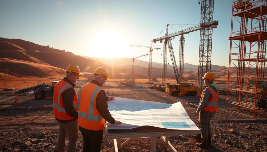 An aerial view of a remote construction site, bathed in warm, golden sunlight. In the foreground, a team of engineers, clad in hard hats and safety vests, collaborate on a blueprint spread out on a portable table. In the middle ground, heavy machinery, cranes, and scaffolding rise up, a testament to the efficiency and precision of remote site engineering. The background showcases the rugged, picturesque landscape, with rolling hills and a clear, blue sky, highlighting the benefits of working in remote, off-grid locations. The scene conveys a sense of progress, innovation, and the seamless integration of technology and human ingenuity in the field of remote site engineering.