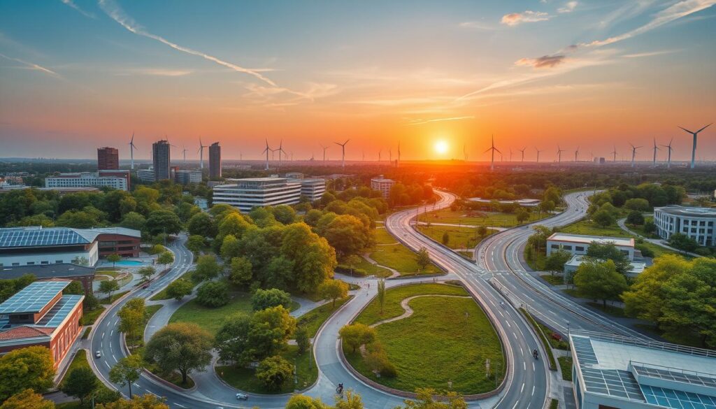An aerial view of a sustainable civil engineering project, where a modern cityscape blends seamlessly with lush greenery and renewable energy infrastructure. In the foreground, a network of pedestrian-friendly walkways and bike lanes wind through verdant parks, with solar panels adorning the rooftops of energy-efficient buildings. The middle ground showcases innovative water management systems, such as bioswales and permeable pavement, harmoniously integrated into the urban landscape. In the background, wind turbines dot the horizon, generating clean power to power the city's infrastructure, while a glowing sunset casts a warm, hopeful glow over the entire scene, reflecting the commitment to environmental stewardship in civil engineering practices.