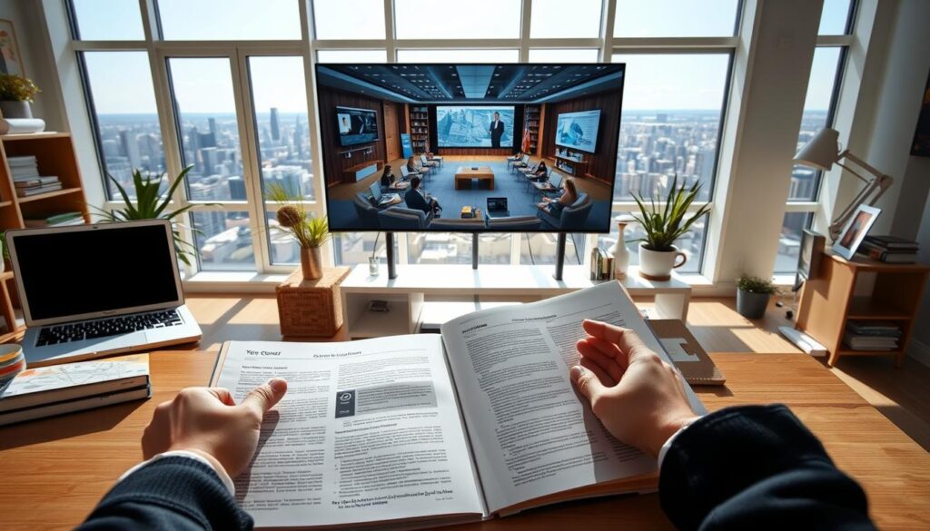 An airy, sun-lit home office with a desk, laptop, and open textbooks. In the foreground, a person's hands carefully evaluating course materials, scrutinizing the curriculum, syllabus, and online platform features. In the middle ground, a large monitor displays an immersive virtual classroom environment, with engaging lectures and interactive 3D models. The background features large windows overlooking a scenic cityscape, suggesting the boundless educational opportunities of online civil engineering courses.
