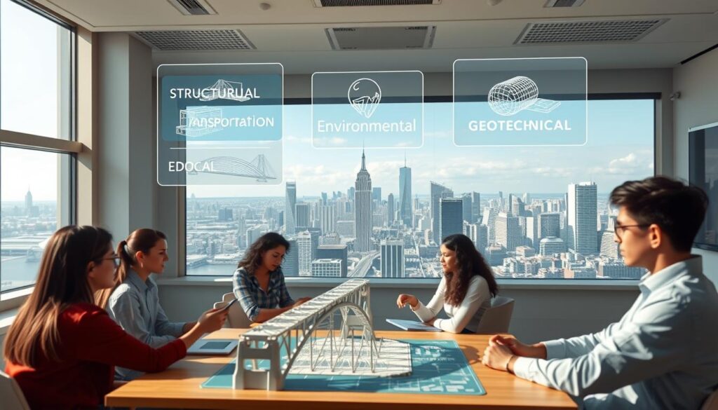 An airy, sun-lit online classroom scene showcasing the diverse civil engineering specializations available through digital education. In the foreground, a group of students collaborating on a virtual 3D model of a bridge. In the middle ground, holographic projections highlight different engineering disciplines - structural, transportation, environmental, geotechnical. The background features a panoramic view of a bustling city skyline, conveying the real-world applications of these specialized skills. Soft, diffused lighting creates a warm, inviting atmosphere, while the camera angle provides an immersive, first-person perspective to draw the viewer into this cutting-edge learning environment.