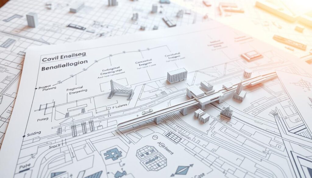 An architectural blueprint of a multi-stage civil engineering design process, illuminated by warm, natural lighting and rendered in a technical, schematic style. In the foreground, a detailed diagram depicts the key steps: project planning, site analysis, conceptual design, detailed engineering, and construction documentation. In the middle ground, 3D models of infrastructure components like bridges, roads, and buildings emerge from the blueprint, showcasing the iterative nature of the design process. The background features a subtle grid pattern, suggesting the precise, data-driven approach of civil engineering. The overall mood is one of professionalism, innovation, and a commitment to delivering functional, sustainable infrastructure.
