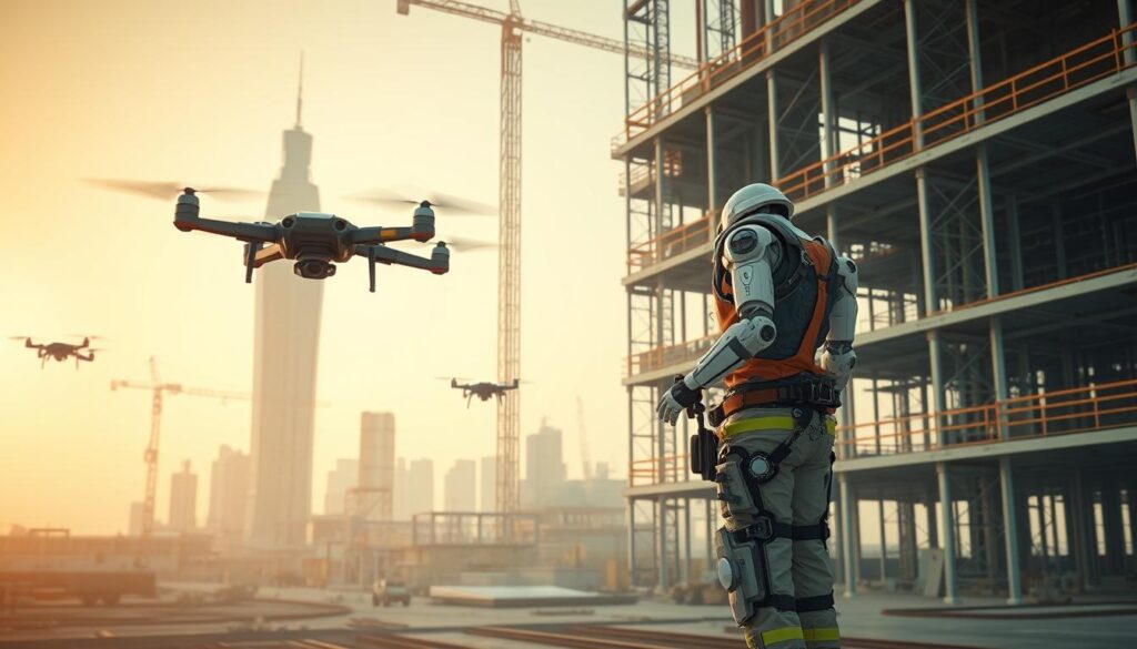 An architectural rendering of a futuristic construction site, where artificial intelligence systems seamlessly integrate with human workers. In the foreground, a robotic exoskeleton assists a construction worker, enhancing their strength and precision. In the middle ground, autonomous drones survey the site, scanning for potential issues and relaying data to a central command center. In the background, a towering skyscraper takes shape, its design optimized by AI algorithms to maximize efficiency and sustainability. Soft, diffused lighting casts a warm, futuristic glow over the scene, evoking a sense of technological progress and innovation in the field of civil engineering.