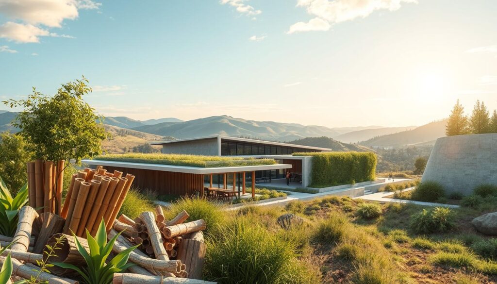 An architectural rendering of a modern, sustainable civil engineering project showcasing a variety of eco-friendly building materials. In the foreground, an array of natural materials such as bamboo, reclaimed wood, and rammed earth are prominently displayed. In the middle ground, sleek structures with green roofs and walls covered in living plants create a harmonious integration of nature and built environment. The background features a serene landscape with rolling hills, lush vegetation, and a clear blue sky illuminated by warm, diffused sunlight, conveying a sense of environmental harmony and progressive, forward-thinking design.